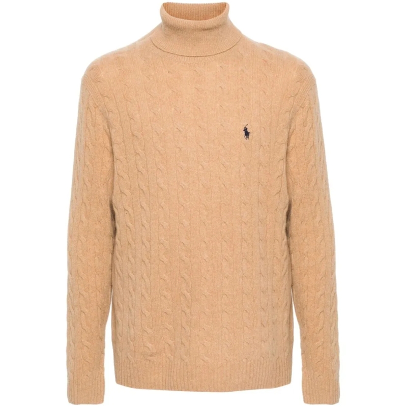 Polo Ralph Lauren Pullover Camel Cable-Knit Turtleneck Sweater With Embroider Brown