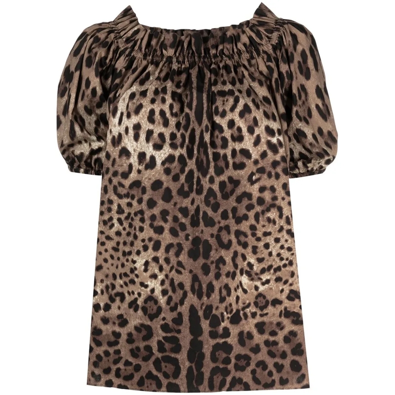 Dolce&Gabbana Blouse Leopard Print Off-Shoulder Blouse With Puff Sleeve Brown
