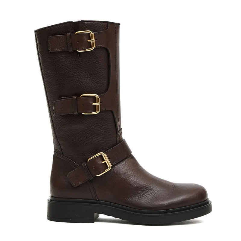 Agl Stiefel Mid-Calf Leather Boots With Three Adjustable Buckl Brown