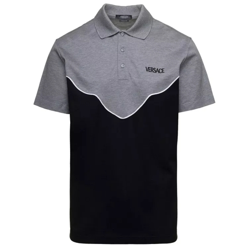 Versace Bicolor Polo With Embroidered Logo In Black And Gr Black 