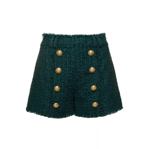Balmain Green Tweed Shorts With Aged-Gold Buttons In Wool  Green Shorts