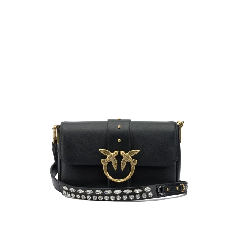 Pinko Schultertasche Rectangular Leather Shoulder Bag With Gold Emblem Black