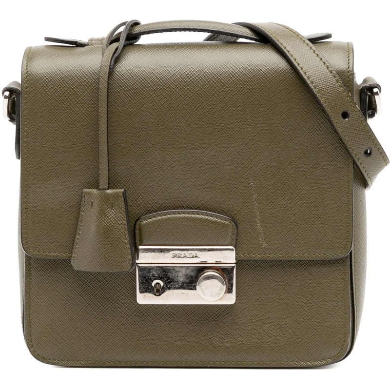 Prada Schultertasche Small Saffiano Lux Sound Satchel braun