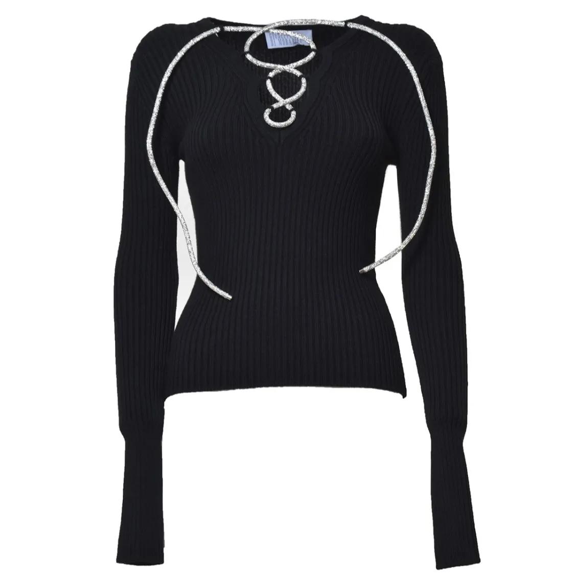 Thumbnail - Giuseppe Di Morabito - Black Wool Ribbed Knit Top With Rhinestones - Größe 42 - schwarz