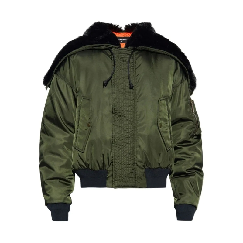 Dsquared2 Bontjassen Khaki Fur Trim Hooded Jacket Grey