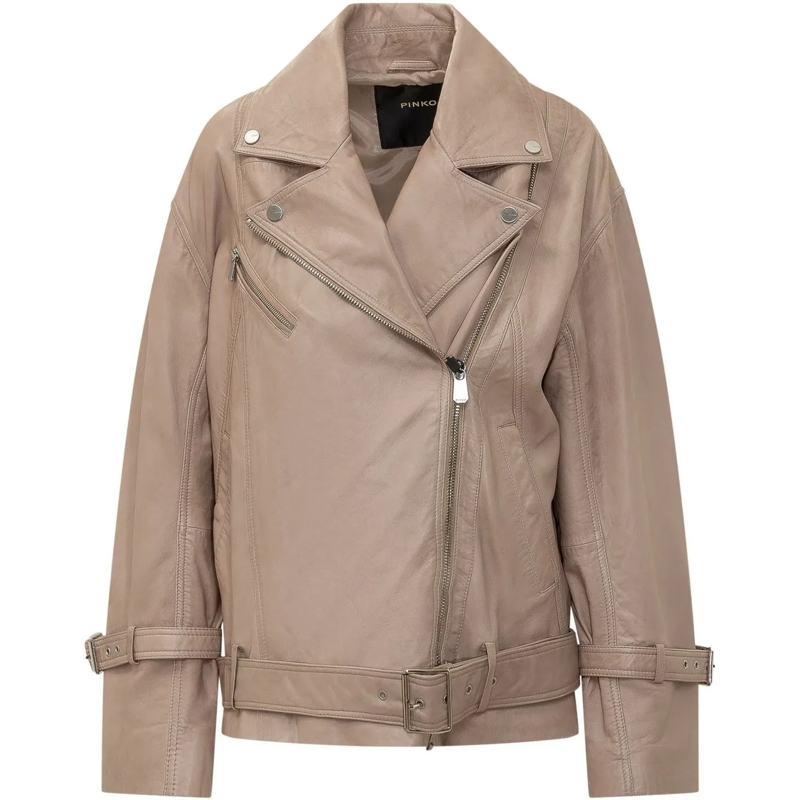 Pinko Veste en cuir Giacca Biker Candy con Cintura e Zip beige