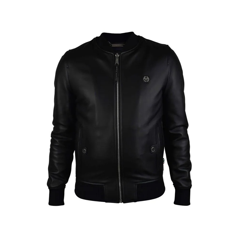 Philipp Plein Bomberjacke Black Leather Bomber Jacket With Silver Accents Black