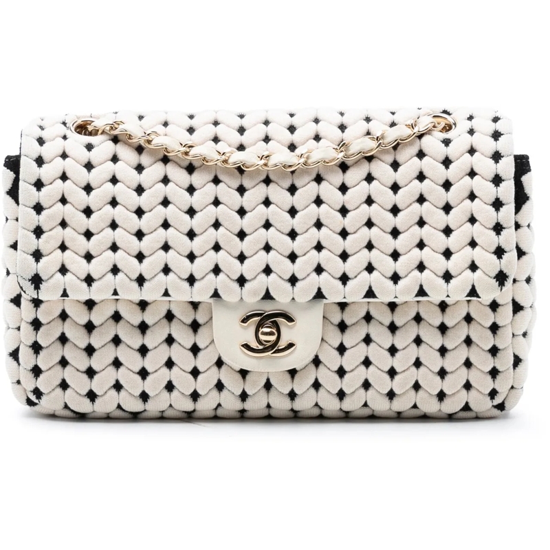 Chanel Sac à bandoulière Medium Calfskin and Wool Knit Single Flap weiß