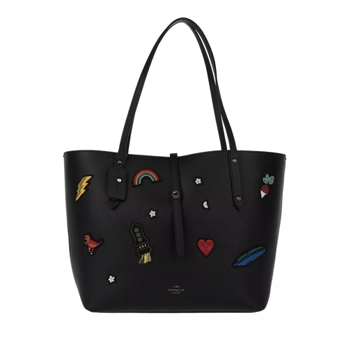 Coach Embroidered Detail Leather Market Tote Black Shopping Bag