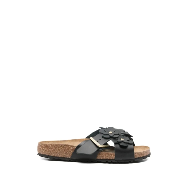 Birkenstock Sandales Contoured Calf Leather Sandals With Floral Appliqu Black