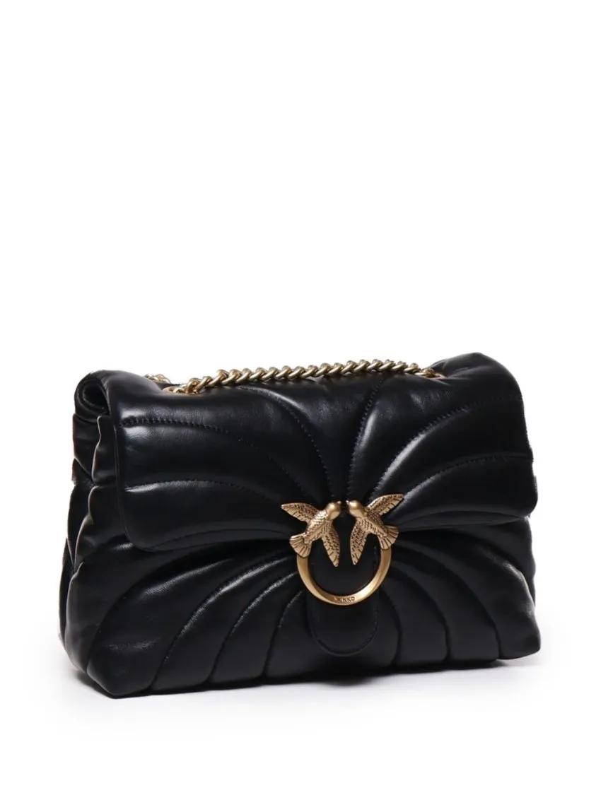 Pinko Hobo bags Quilted Black Calf Leather Foldover Bag in zwart