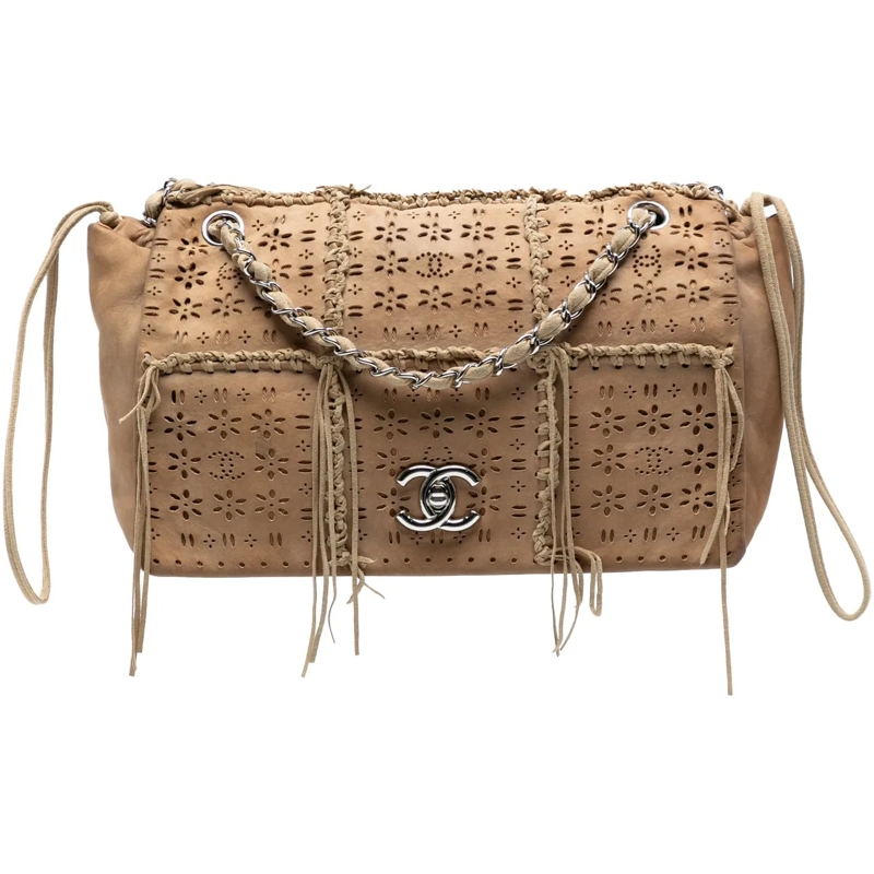 Chanel Sac à bandoulière Perforated Suede Fringe Flap braun