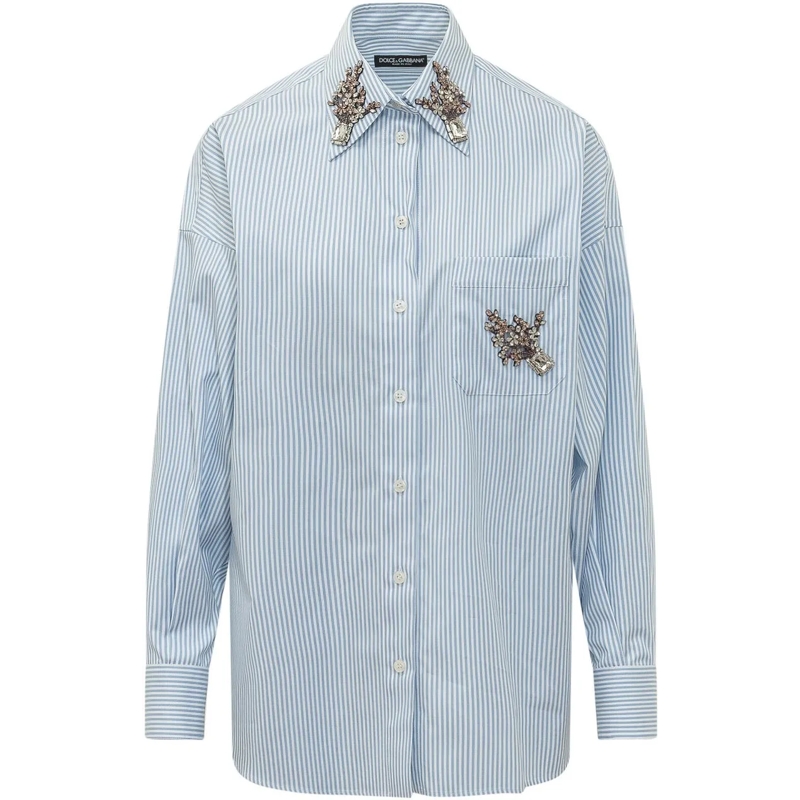 Dolce&Gabbana Bluse Camicia a Righe con Applicazioni Gioiello hellblau