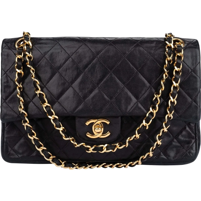 Chanel Schultertasche Chanel Quilted Lambskin 24K Gold 80s Double Flap S schwarz