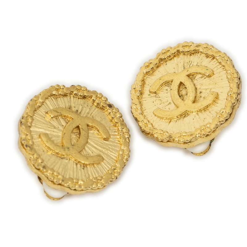 Chanel Ear Clips CC Round Clip On Earrings gold