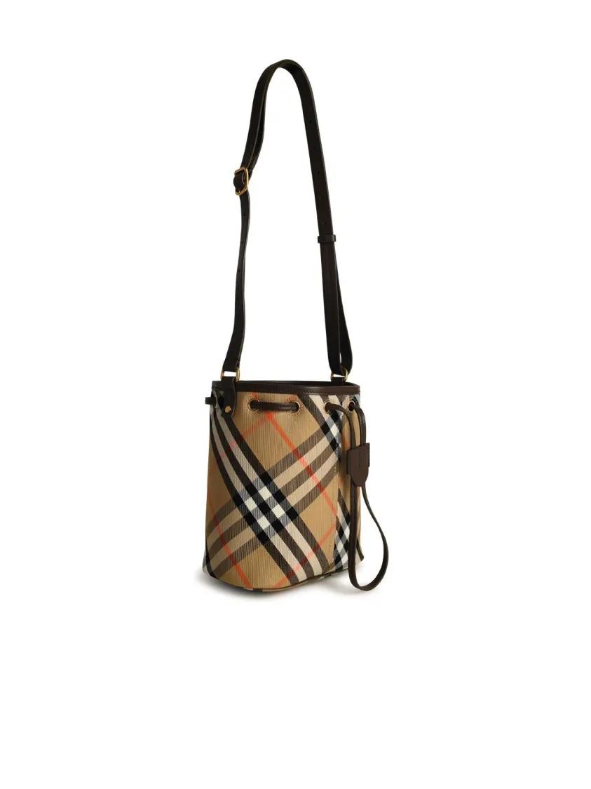 Burberry Check Bucket Bag In Beige Cotton Blend Brown Schultertasche