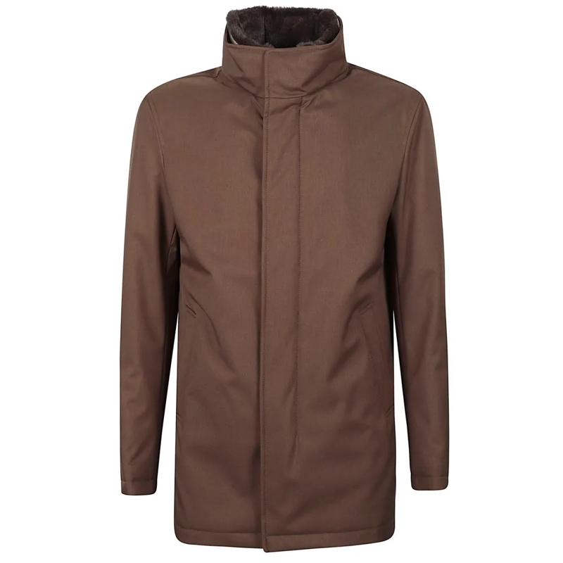 Herno  Twill Carcoat With Faux Fur Lining And Double-Zip  Brown