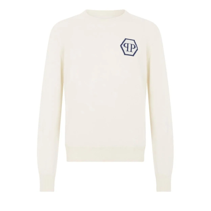 Philipp Plein Kaschmirpullover Cashmere Roundneck Pullover Jacquard Hexagon weiss