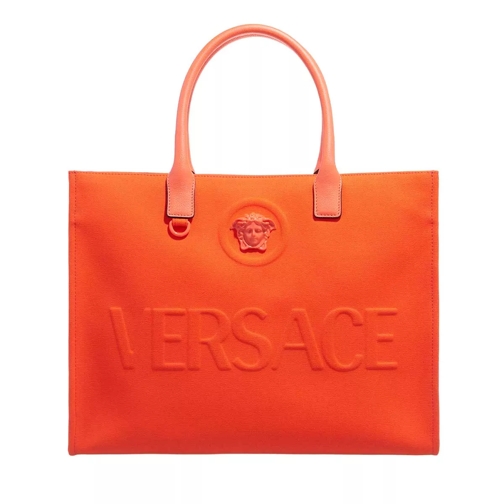 Versace Large Tote in Canvas Orange Rymlig shoppingväska
