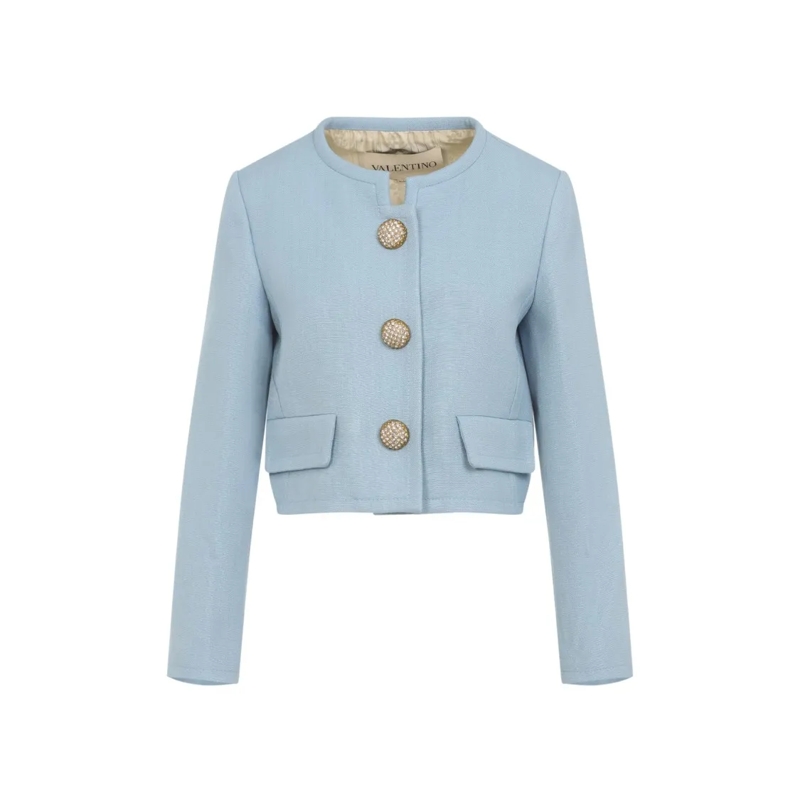 Valentino Garavani Overgangsjas Cropped Grey Jacket With Gold-Tone Button Accents Blue