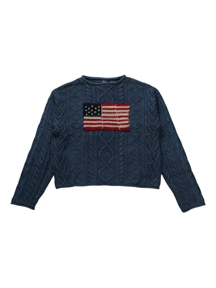 Thumbnail - Polo Ralph Lauren - Navy Blue Cable Knit Sweater With Embroidered Flag - Größe S - blau