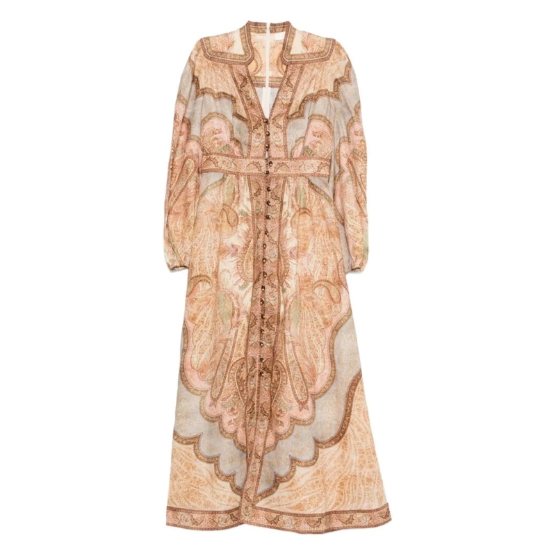 Zimmermann  Paisley-Inspired Midi Dress With Puffed Sleeves Neutrals
