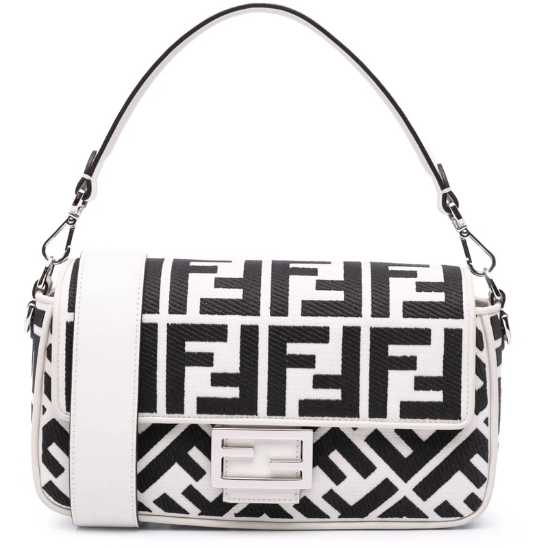 Fendi Schultertasche Zucca Embroidered Canvas Baguette Satchel weiß