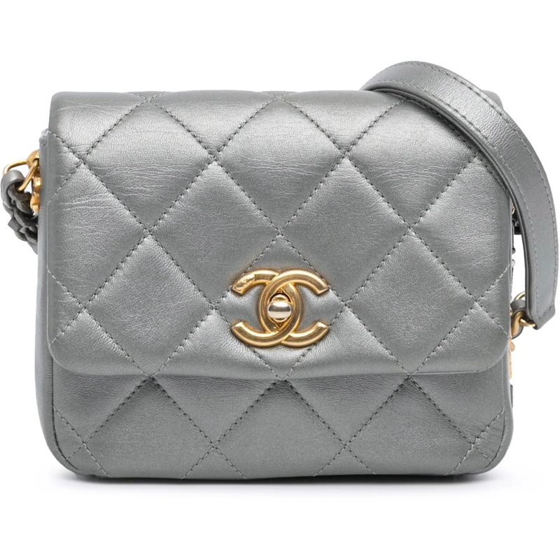 Chanel Schultertasche Mini Quilted Lambskin Side Note Flap silber