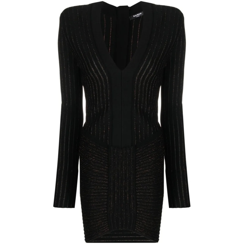 Balmain Minikleid Ribbed V-Neck Mini Dress Black