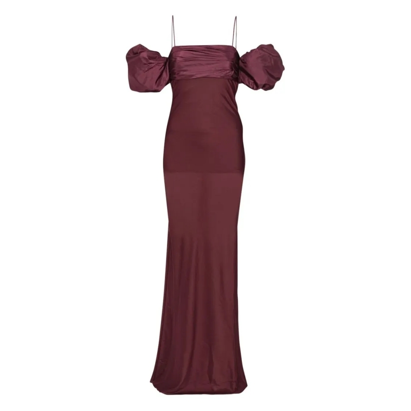 Rotate Avondjurk Burgundy Dress With Puffed Off-Shoulder Sleeves Burgundy