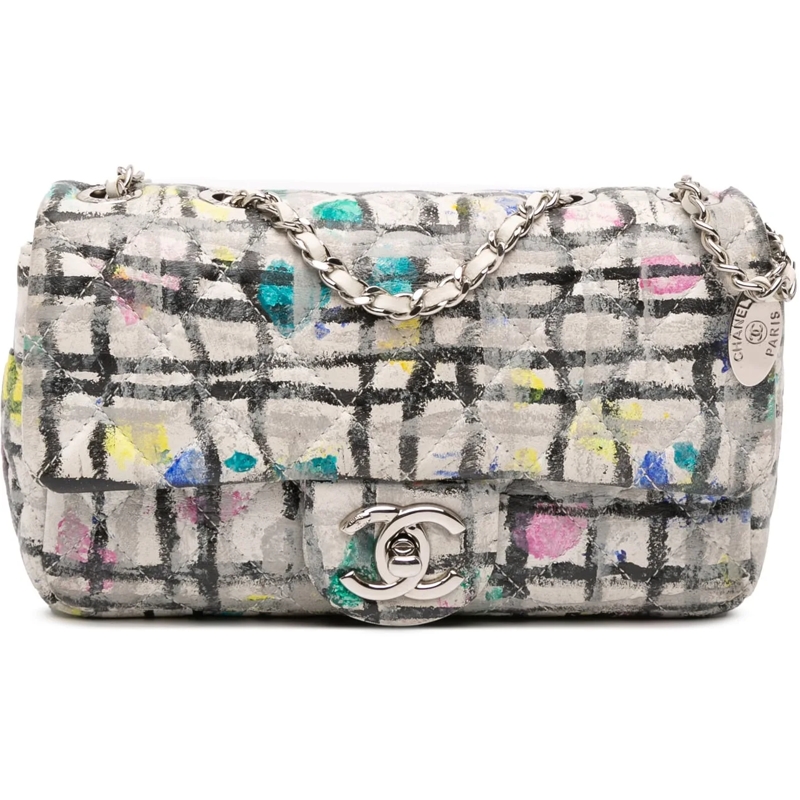 Chanel Sac à bandoulière Mini Rectangular Calfskin Hand Painted Graffiti Fl weiß