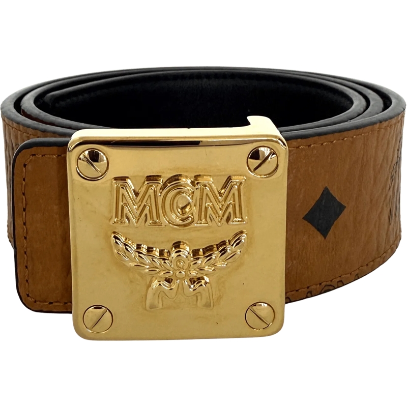 MCM Ceinture en cuir MCM Brass Plate Gold Buckle Belt Brown 90cm / very schwarz