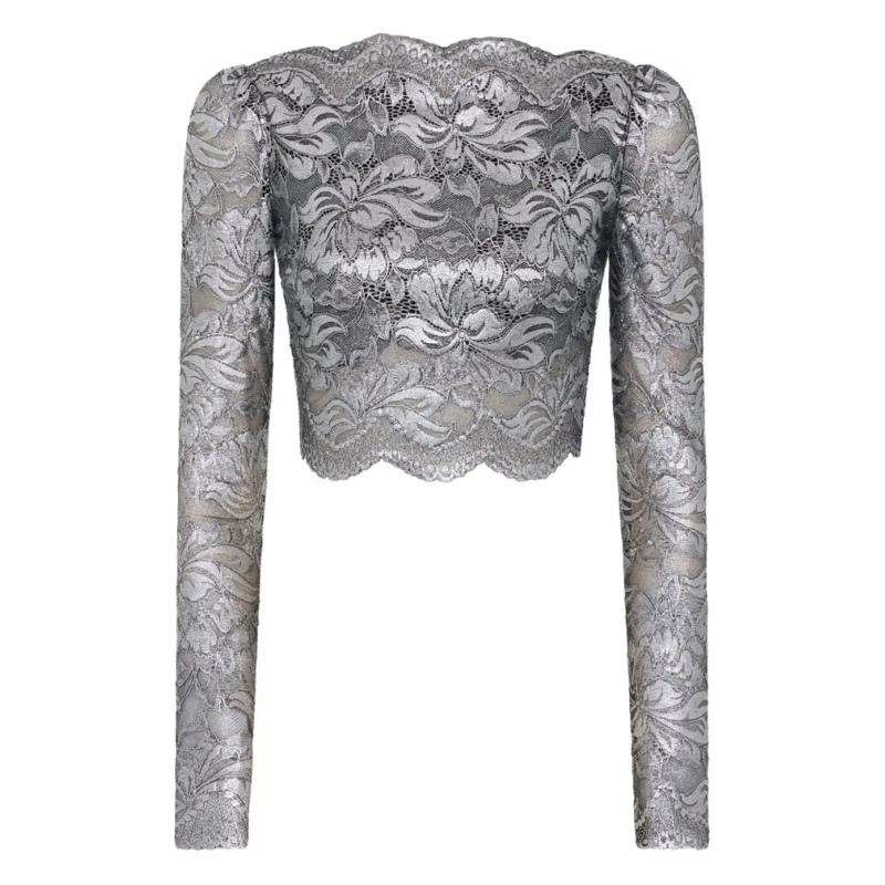 Paco Rabanne Top met lange mouwen Lace Cropped Top With Silver Foil Coating Grey