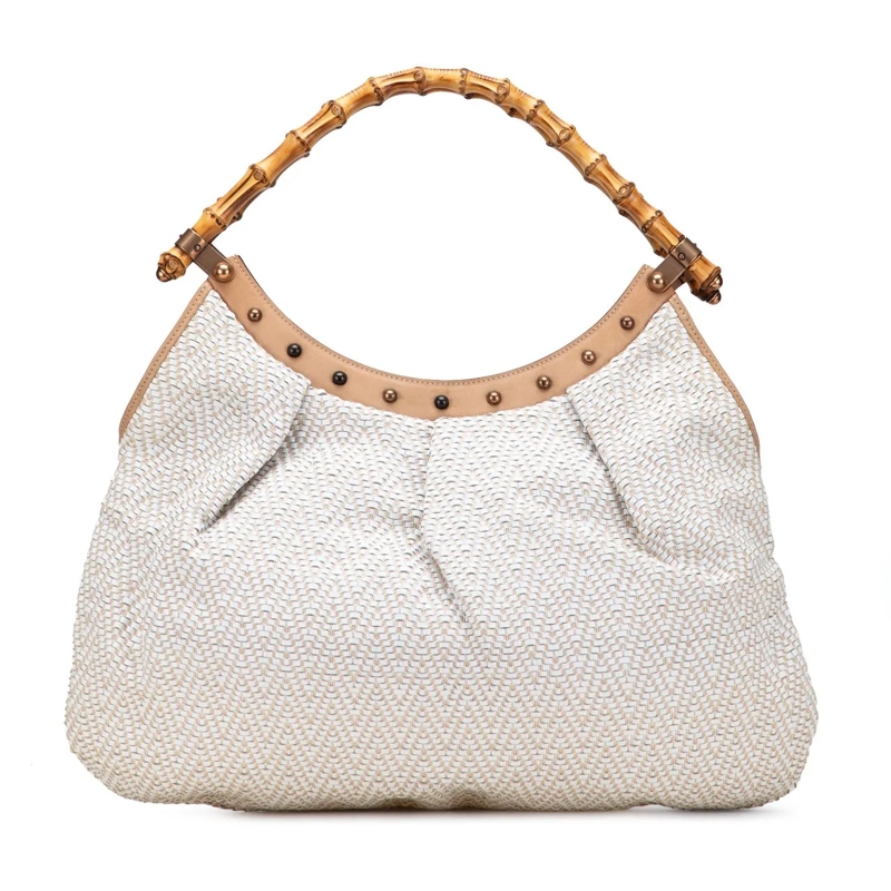 Gucci Schultertasche Woven Leather Bamboo Studded Hobo weiß
