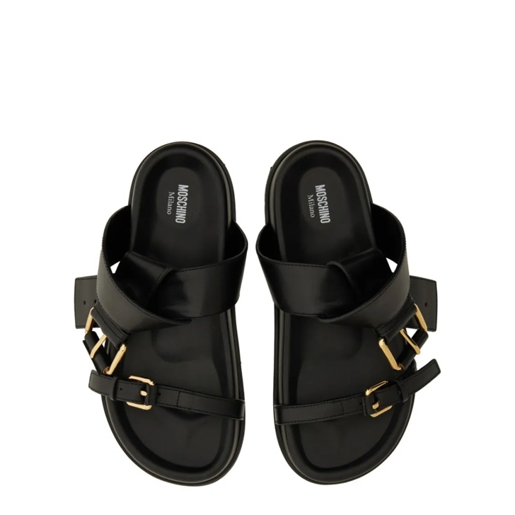 サンダル・ミュール Moschino Black Leather Sandal With Woven Buckle Detail Moschino Black Leather Sandal With Woven Buckle Detail Black