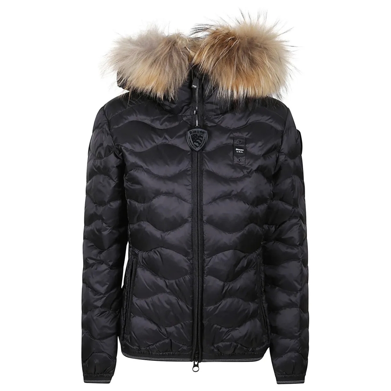 Blauer Shearling-Jacke Quilted Jacket With Fluffy Fur Trim Black
