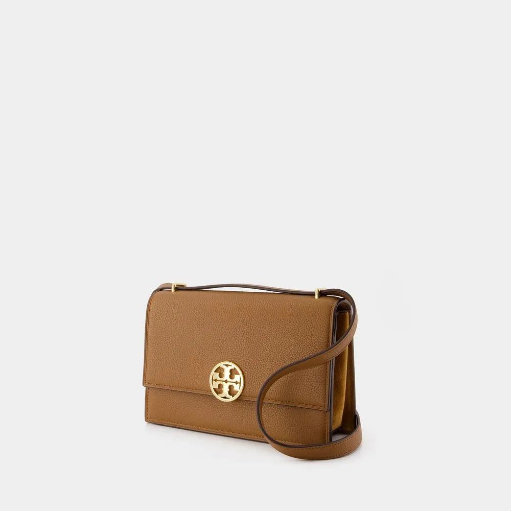 TORY BURCH Schoudertas van generfd leer met logo Brown Dames