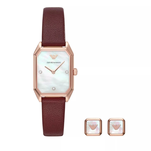 Emporio Armani Two-Hand Leather Watch and Earrings Gift Set Burgundy Montre habillée