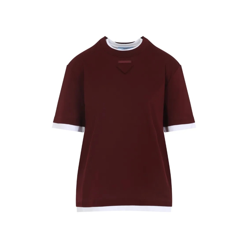 Prada T-shirt Layered Design Top With Contrasting Cuffs Brown