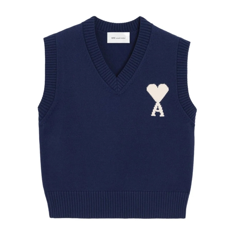 AMI Paris Trui Sleeveless Deep Blue Sweater Vest With V-Neck Blue