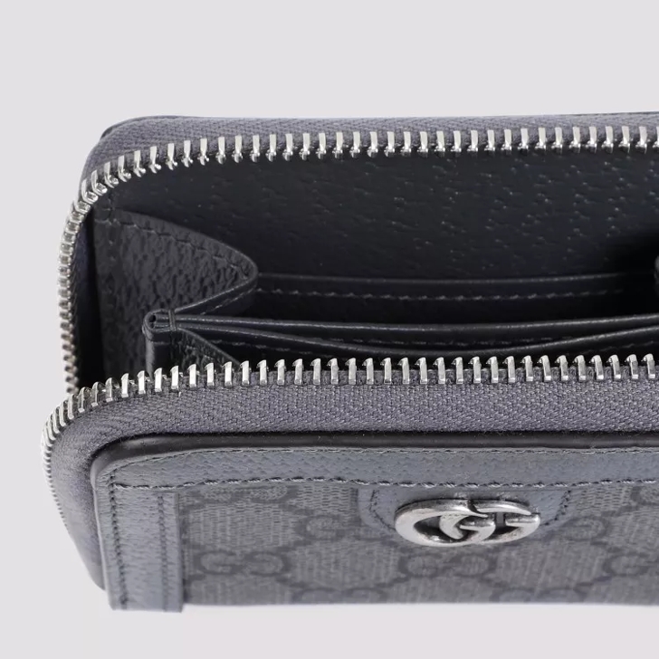 Gucci Gg Supreme Grey Black Polyurethane Wallet Grey Portemonnaie mit Zip Around ReiBverschluss