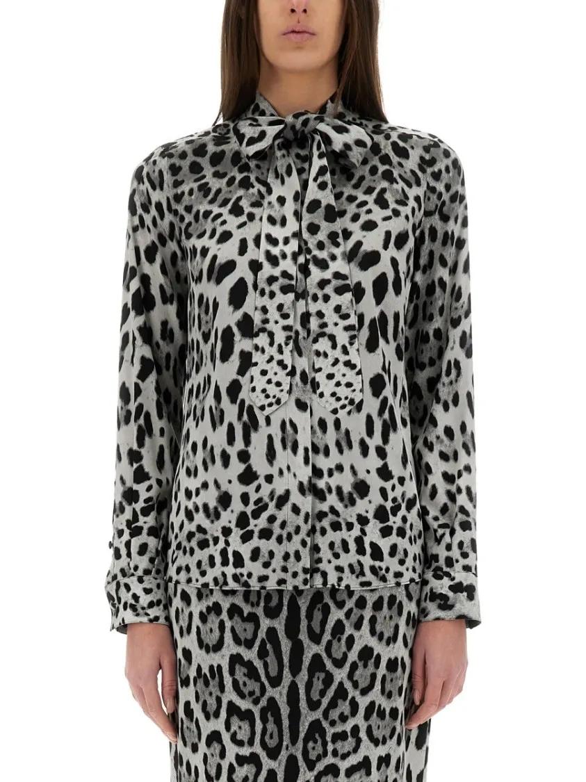 Thumbnail - Dolce&Gabbana - Leopard Print Bow Charmeuse Shirt - Größe 40 - schwarz