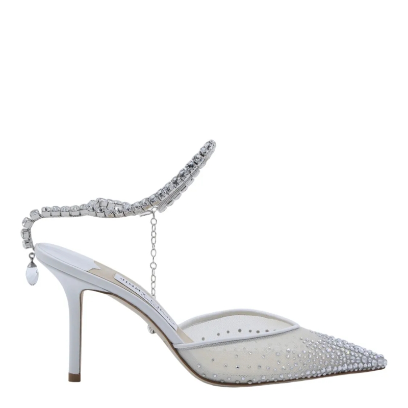 Jimmy Choo Pumps Pointed Toe High-Heeled Pumps With Rhinestone Chai White