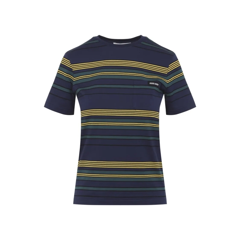 Miu Miu T-shirt Horizontal Striped Cotton T-Shirt With Subtle Logo Blue