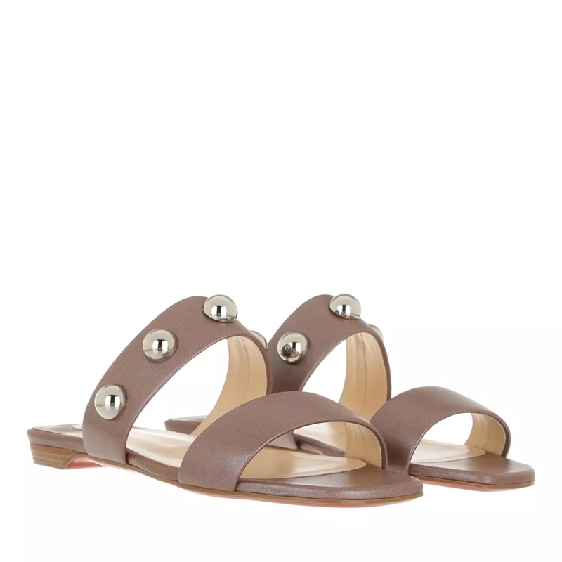 Christian Louboutin Slides Simple Bille Dome Studs Flat Sandals Leather  Biscotto/Silver
