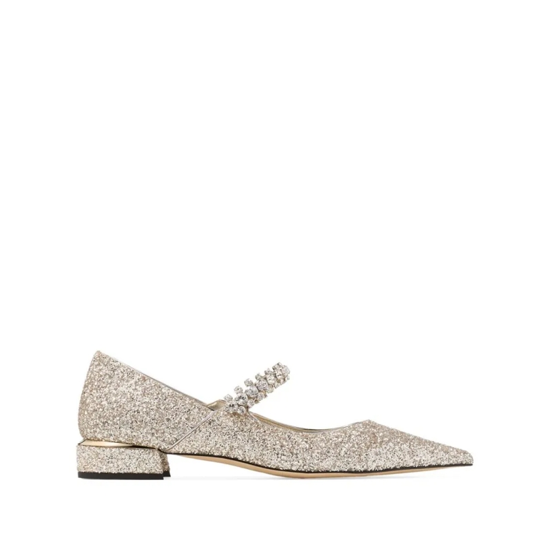 Jimmy Choo Pumps Pointed-Toe Glitter Flats With Crystal Embellished Gold