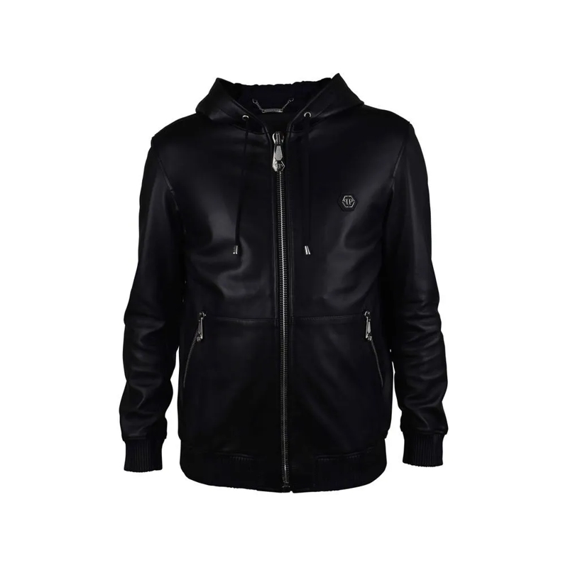 Philipp Plein Lederjacke Smooth Black Leather Hooded Jacket Black