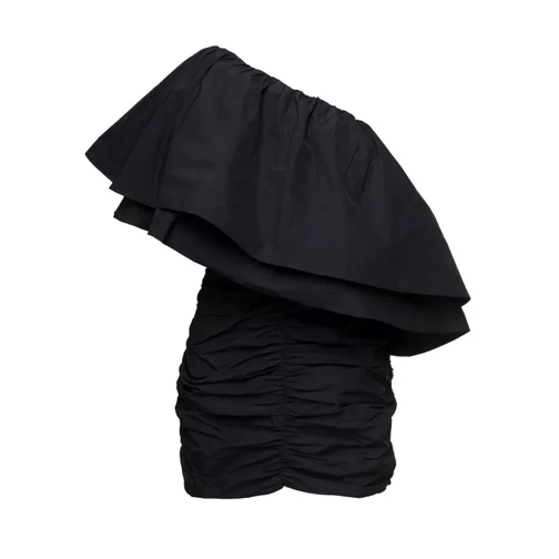 Rotate Mini Black One-Shoulder Pleated Dress With Oversiz Black 