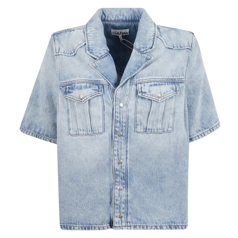 GANNI Hemd Short-Sleeved Denim Shirt With Front Pockets Blue