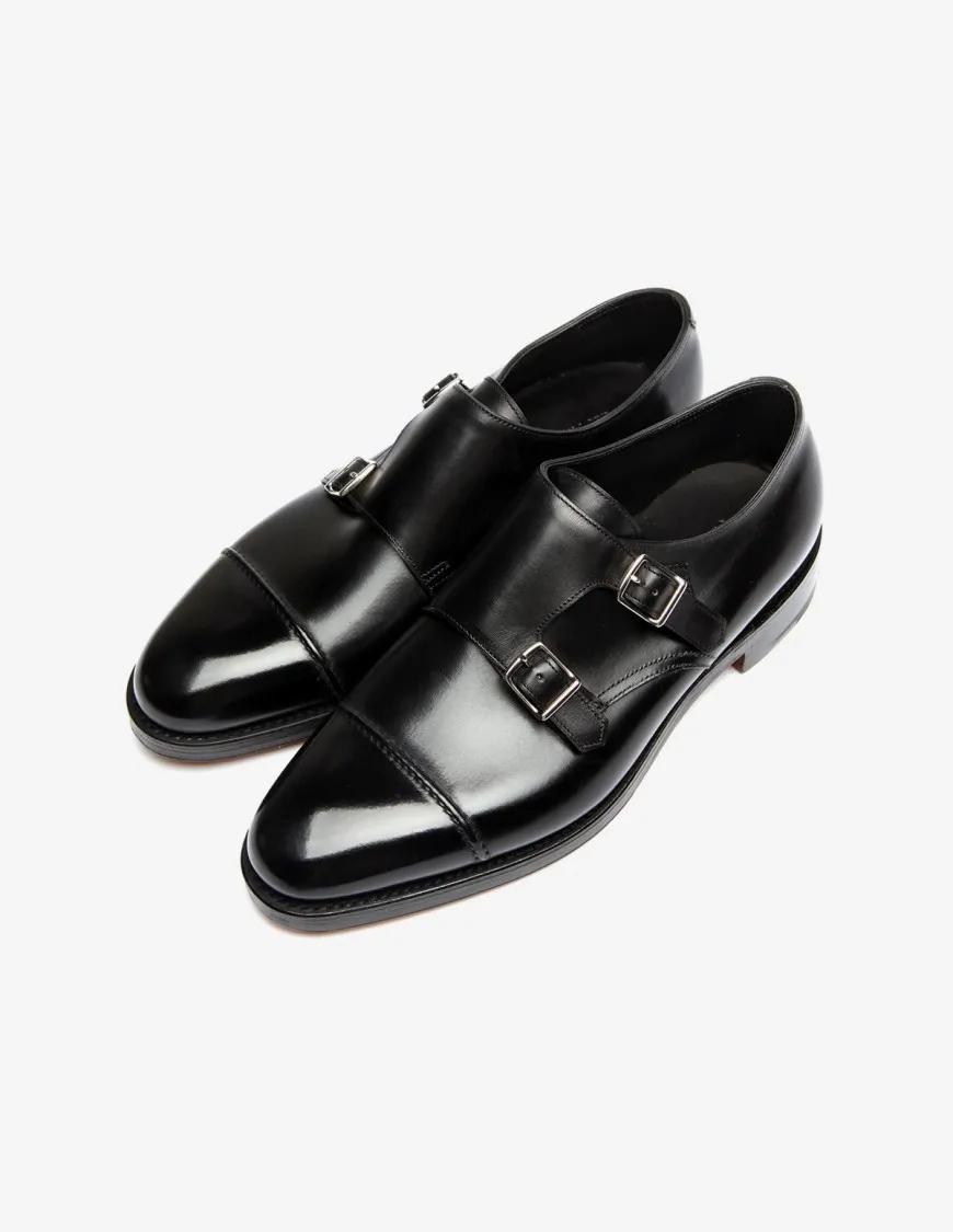 Thumbnail - Hand-Sewn Black Calf Leather Double Buckle Shoe - Gr. 8_5 - in Schwarz